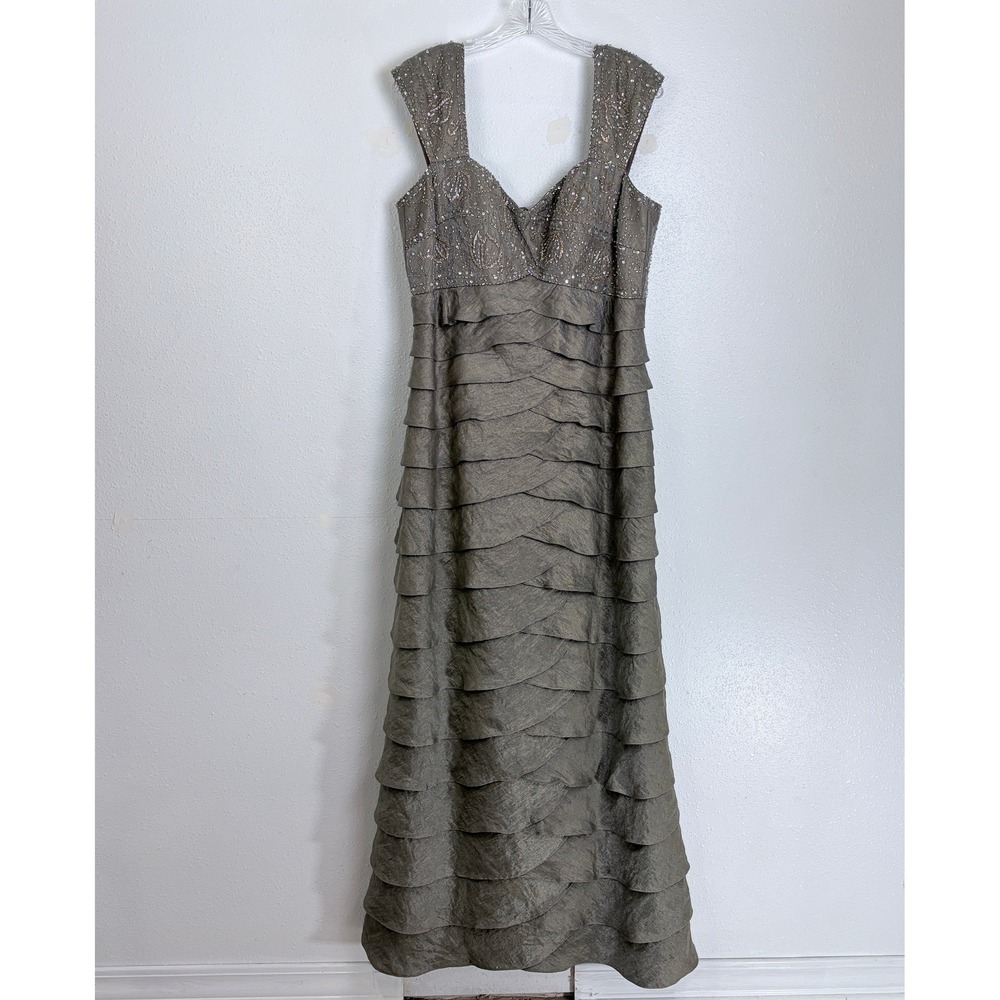 Vintage Ignite Evenings Pewter Beaded Tiered Ruffle Maxi Dress Formal Gown 16
